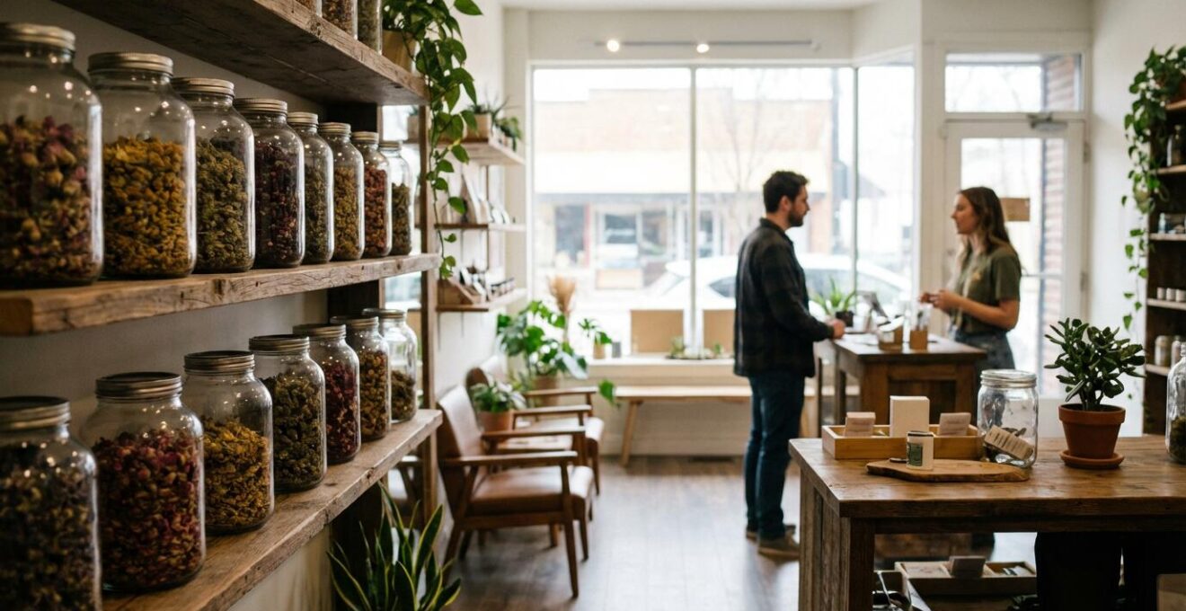 Intérieur boutique CBD avec bocaux de fleurs alignés sur étagères bois