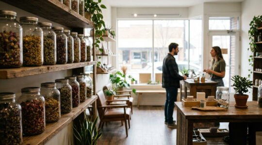 Intérieur boutique CBD avec bocaux de fleurs alignés sur étagères bois