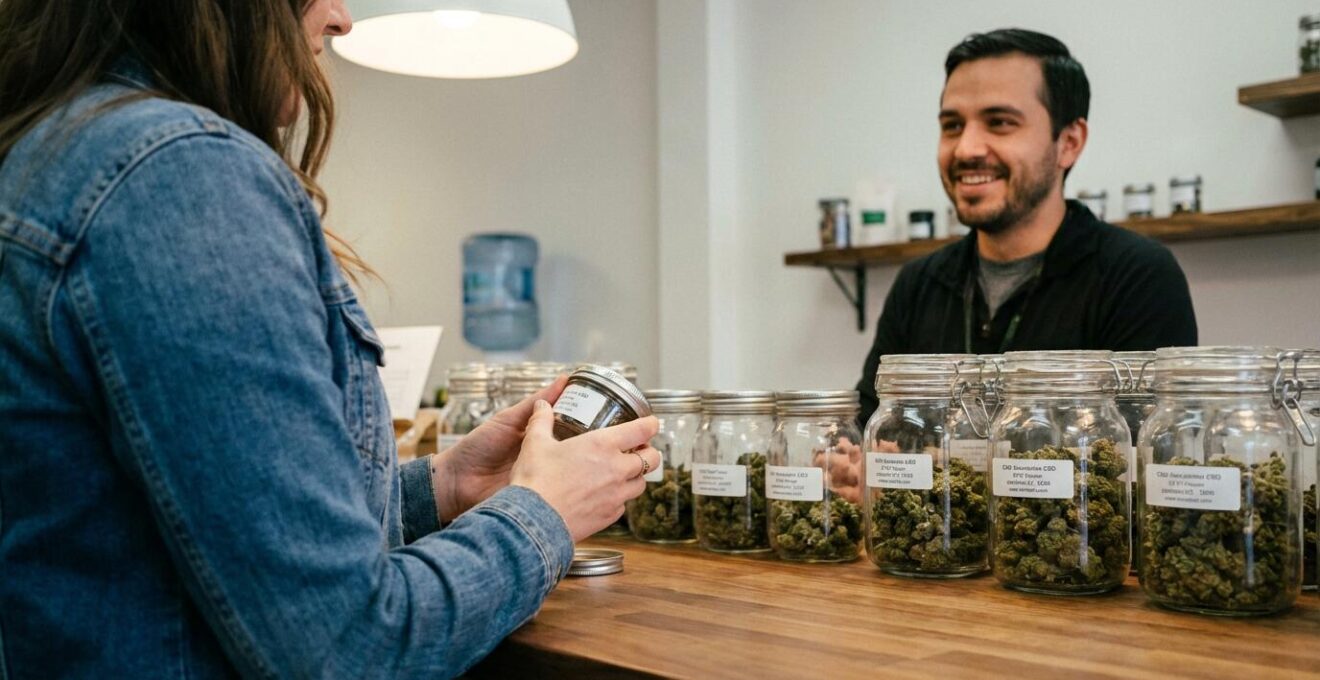 Conseiller CBD présentant des fleurs à un client en boutique