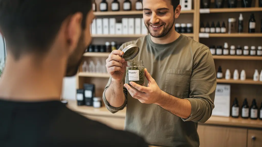 Conseiller CBD présentant un bocal de fleurs à un client en boutique spécialisée
