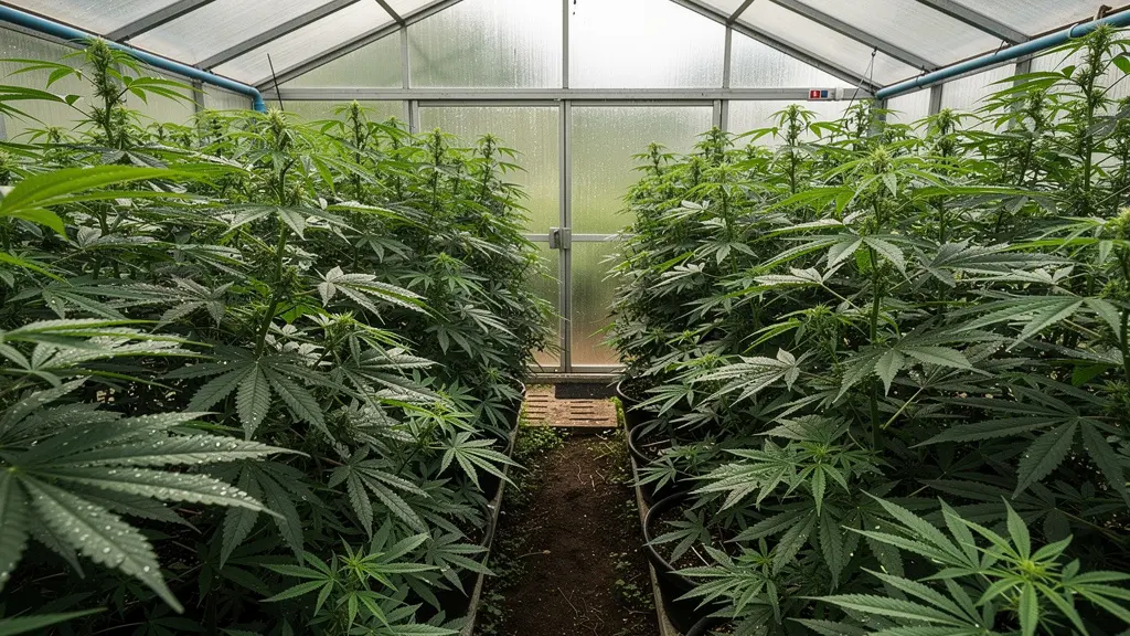 Intérieur de serre vitrée greenhouse avec plants de chanvre CBD en culture