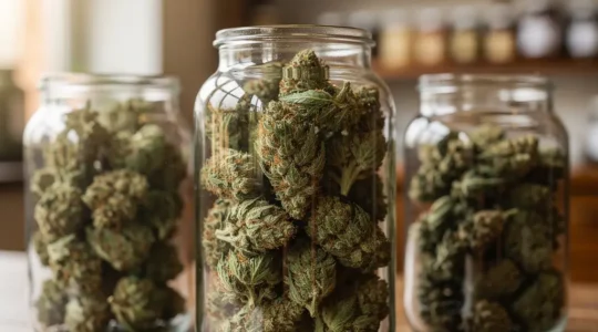 Trois bocaux de fleurs CBD hydroponie glass house et serre exposés sur comptoir boutique