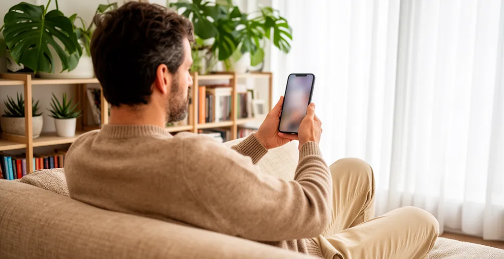 Personne consultant un comparatif CBD sur smartphone dans un salon lumineux
