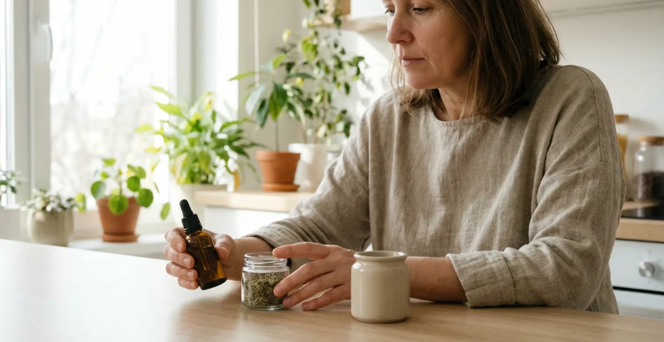 Personne comparant fleurs huiles et résines de CBD sur un plan de travail cuisine
