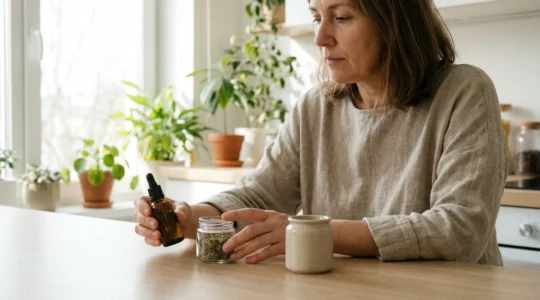 Personne comparant fleurs huiles et résines de CBD sur un plan de travail cuisine