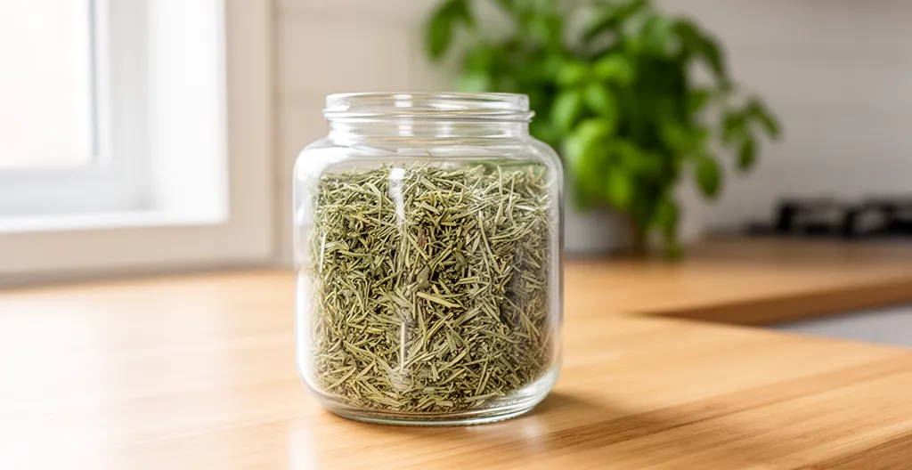 Bocal de fleurs de CBD séchées posé sur plan de travail avec lumière naturelle