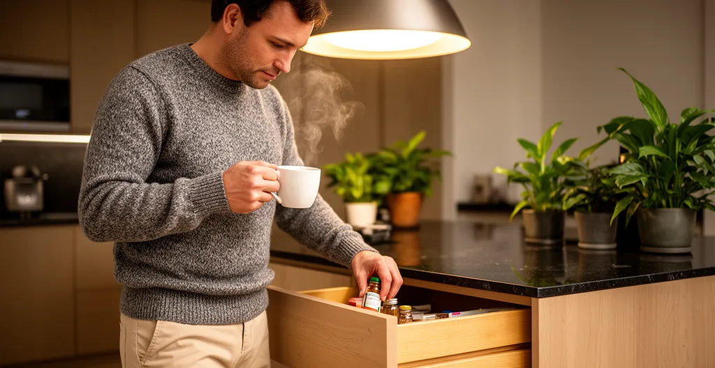 Personne rangeant un flacon dans un tiroir et préparant une tisane le soir