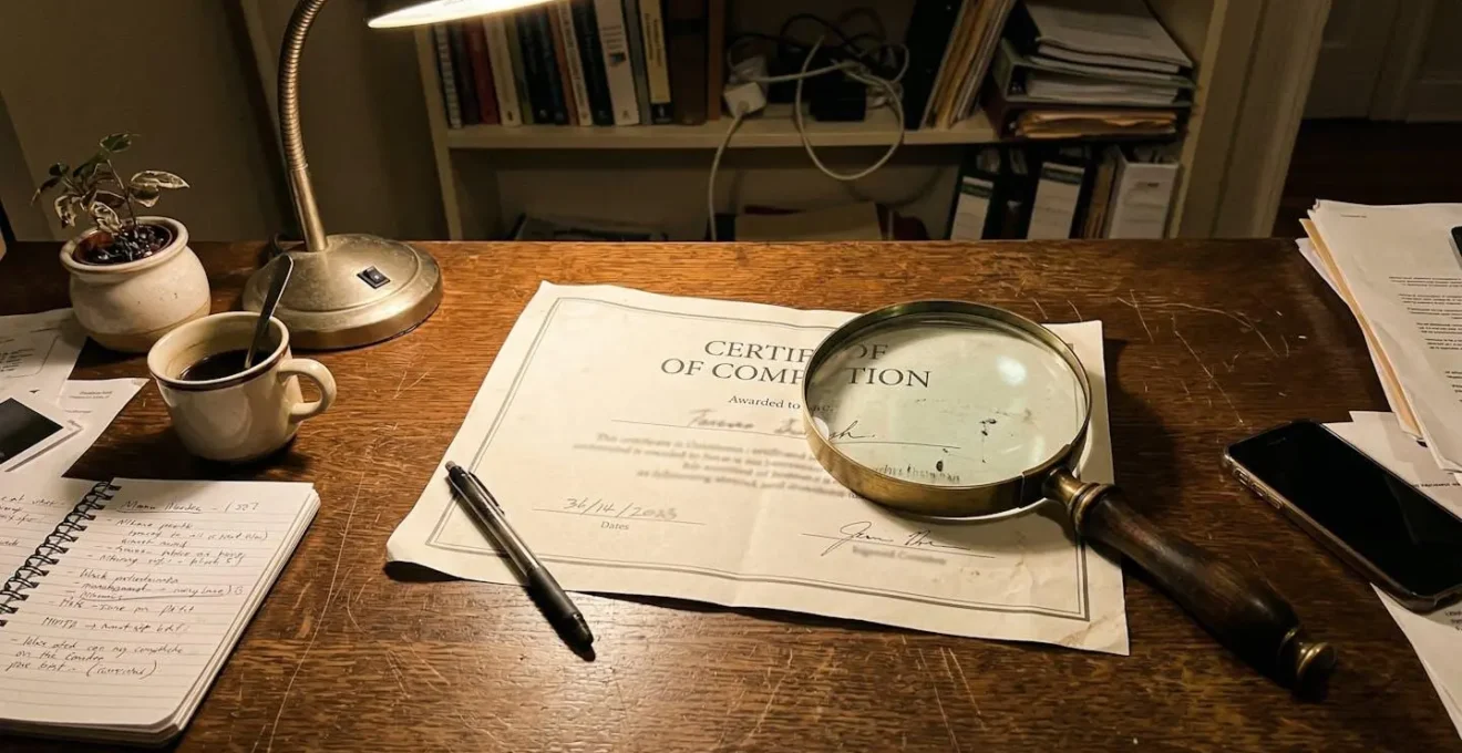 Un document type certificat d'analyse posé sur un bureau en bois avec une loupe à côté, dans une ambiance studieuse éclairée par une lampe de bureau