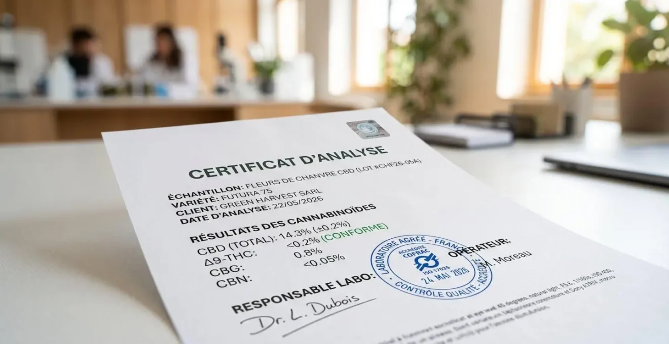 Gros plan sur un certificat d'analyse de laboratoire CBD avec tampon d'accréditation visible posé sur un bureau moderne et lumineux