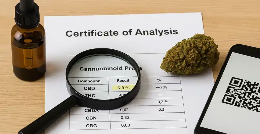 Un document type certificat d'analyse posé sur un bureau en bois avec une loupe à côté, dans une ambiance studieuse éclairée par une lampe de bureau