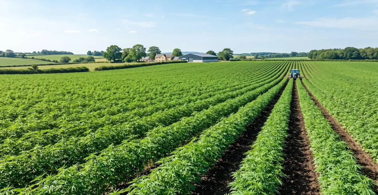 Vue en plongée sur un vaste champ de chanvre européen avec des rangées de plants alignés sous un ciel lumineux et dégagé