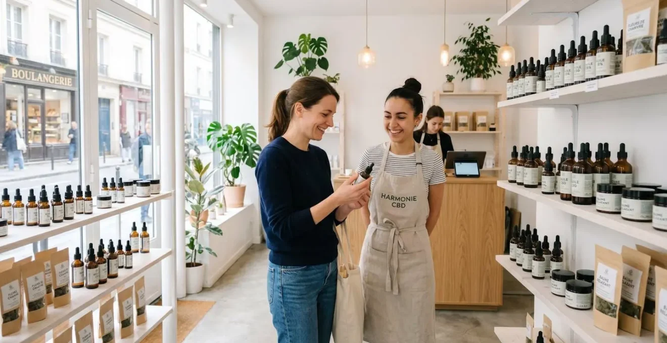 Intérieur lumineux d'une boutique spécialisée CBD avec étagères de produits et décoration contemporaine épurée