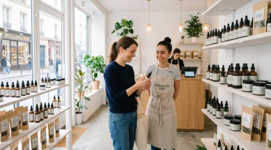 Intérieur lumineux d'une boutique spécialisée CBD avec étagères de produits et décoration contemporaine épurée