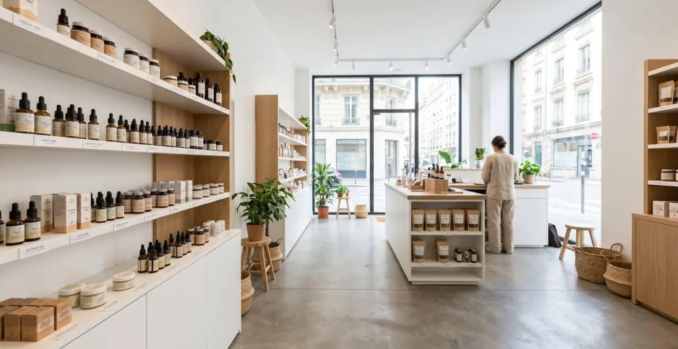 Vue grand angle d'un intérieur de boutique contemporaine spécialisée en produits CBD avec des étagères blanches minimalistes et une lumière naturelle abondante