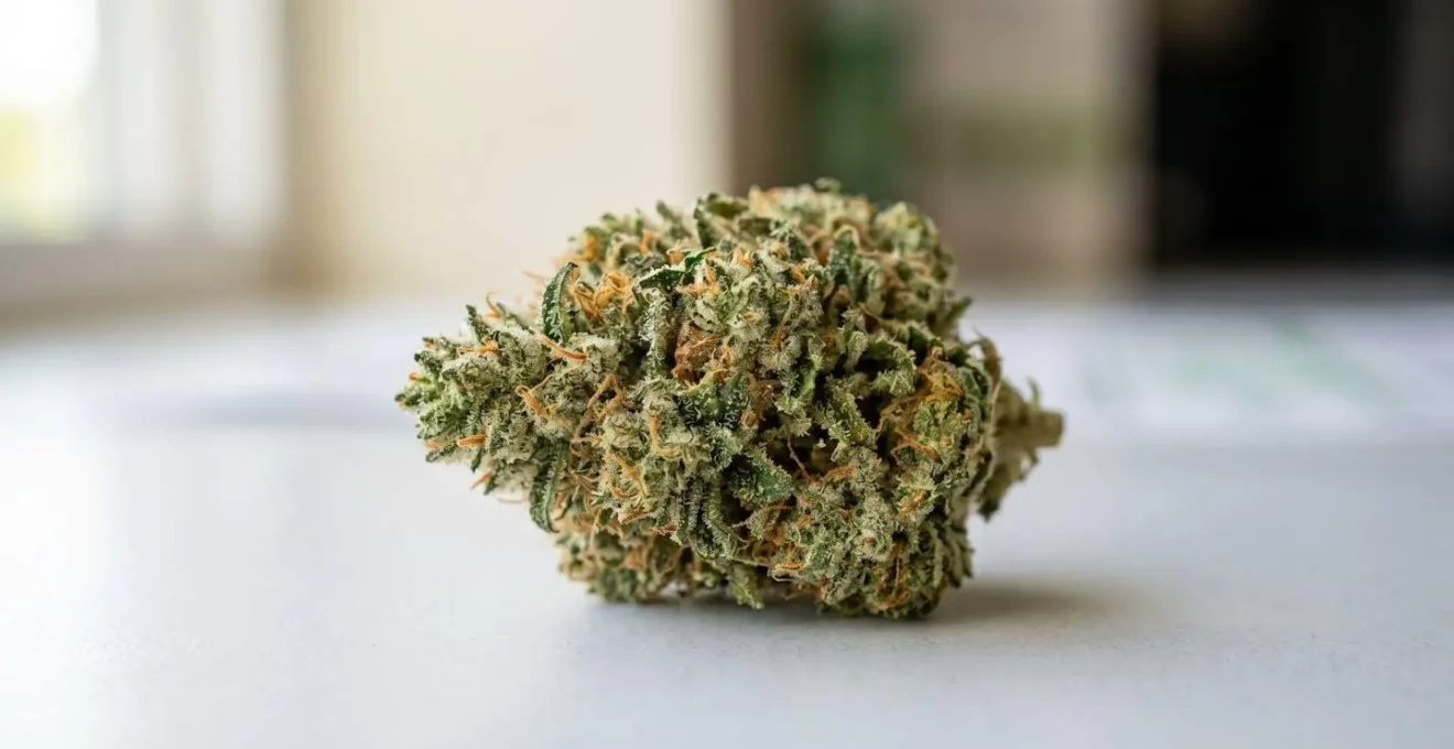 Gros plan détaillé sur les trichomes verts d'un bourgeon de fleur de CBD avec un document de laboratoire flouté en arrière-plan