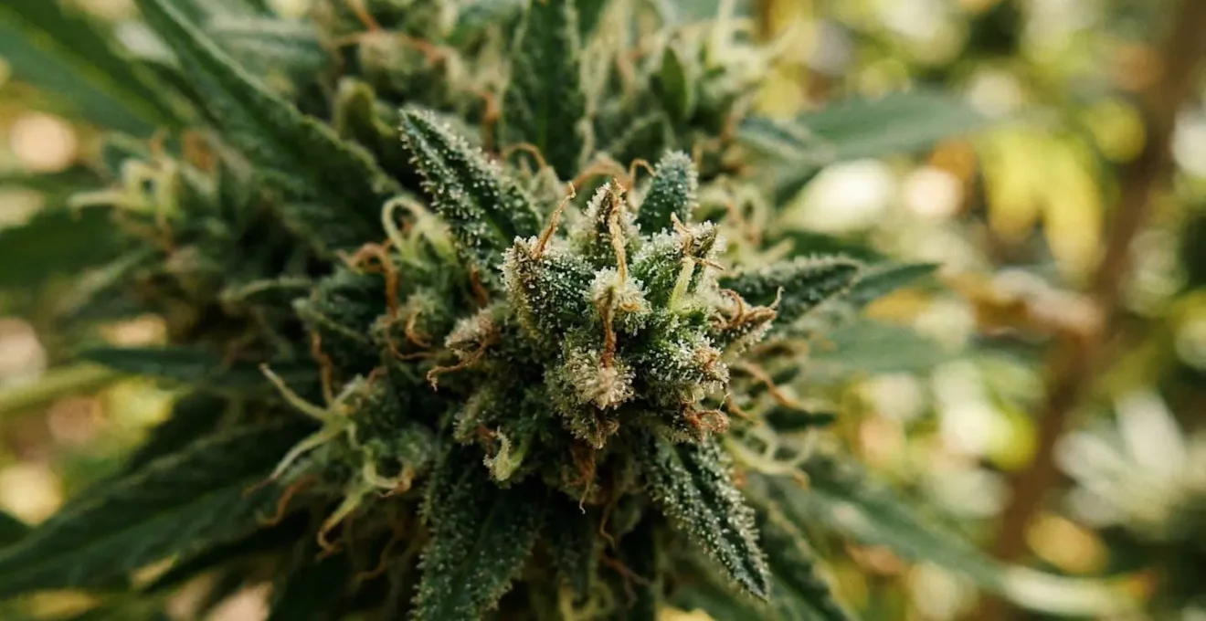 Gros plan macro sur les trichomes cristallins et les têtes compactes d'une fleur de CBD fraîche