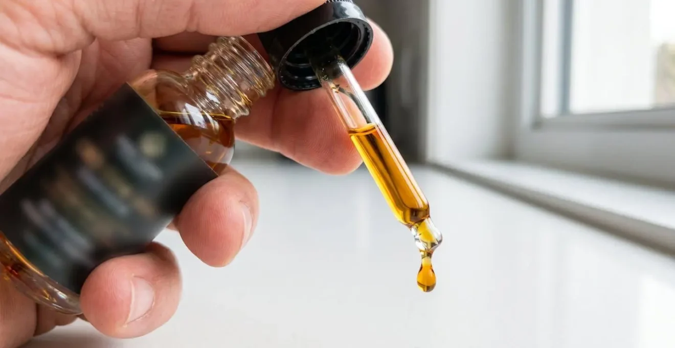 Une main tenant délicatement un flacon compte-gouttes d'huile de CBD avec une goutte de liquide ambré en suspension
