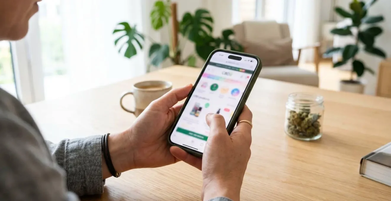 Plan rapproché sur les mains d'un adulte tenant un smartphone affichant un site e-commerce CBD avec l'écran complètement flouté, sur une table moderne claire