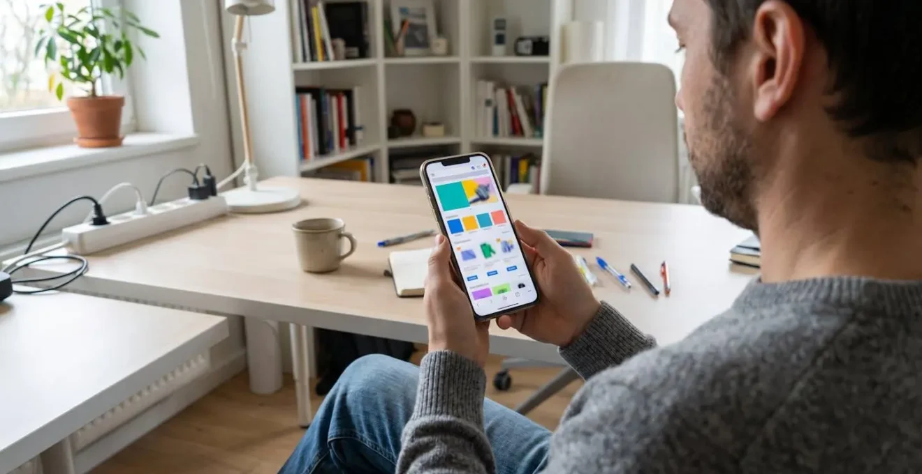 Vue par-dessus l'épaule d'une personne consultant un site de vente en ligne de CBD sur smartphone posé sur un bureau moderne