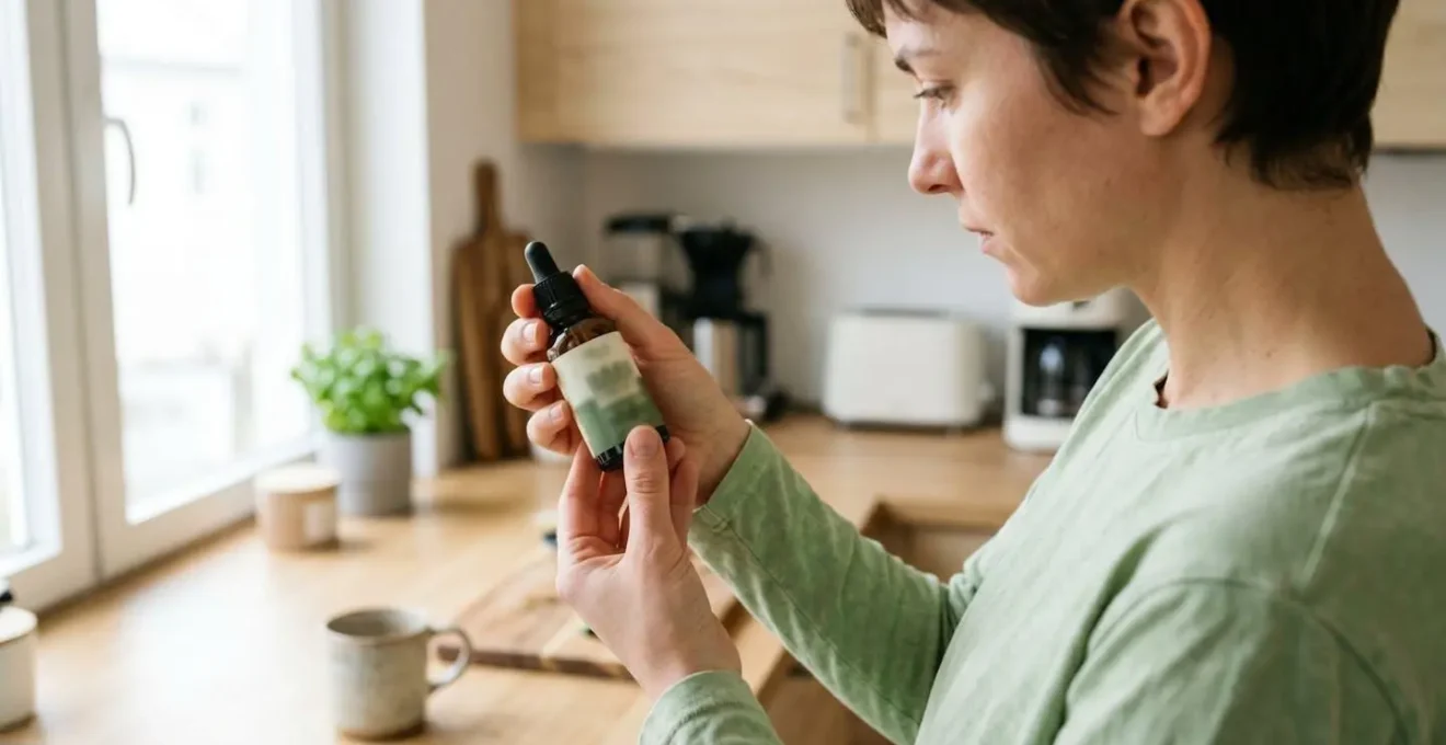 Vue par-dessus l'épaule d'une personne examinant de près l'étiquette d'un produit CBD dans une cuisine contemporaine lumineuse