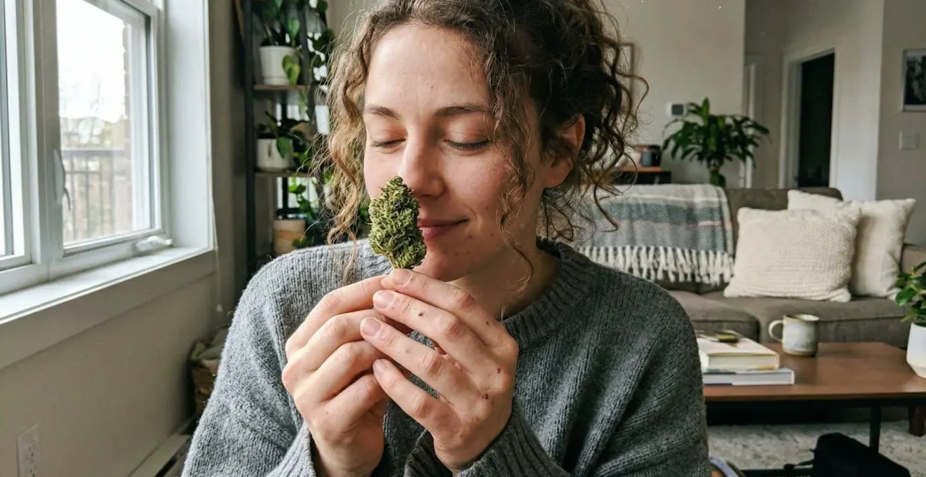 Une personne tenant délicatement une fleur de CBD près de son visage pour en apprécier l'arôme, dans un salon baigné de lumière naturelle