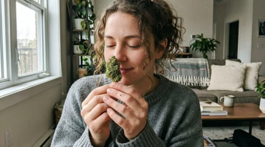 Une personne tenant délicatement une fleur de CBD près de son visage pour en apprécier l'arôme, dans un salon baigné de lumière naturelle