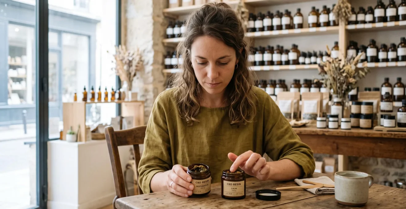 Une cliente examine la texture de deux résines de CBD dans une boutique bien éclairée.