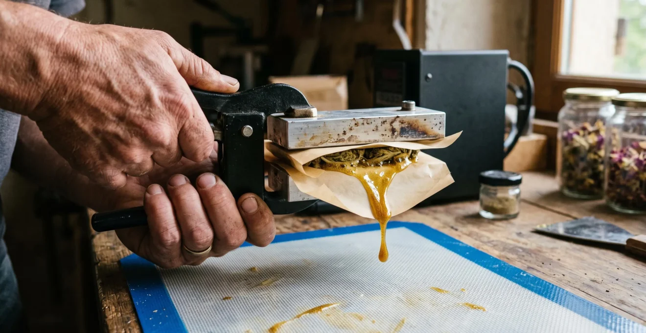 Des mains pressent une résine dorée de CBD entre des plaques chauffantes sur un tapis en silicone.