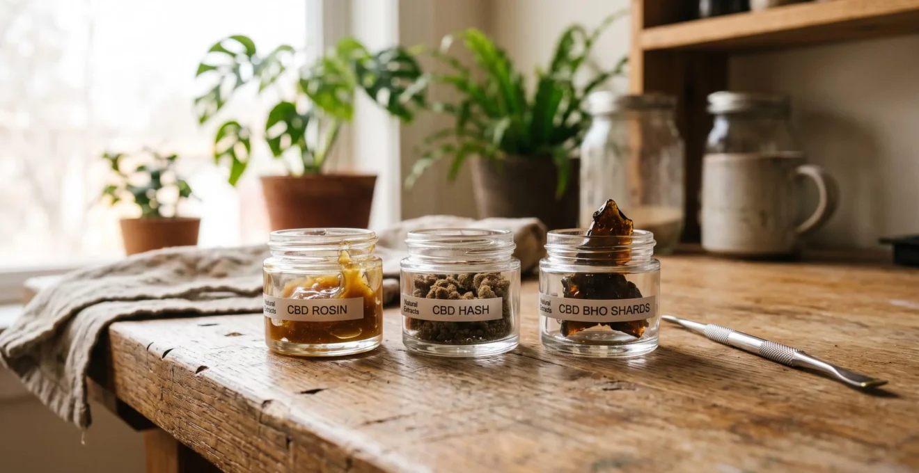 Trois résines de CBD différentes disposées dans des contenants en verre sur un plan de travail.